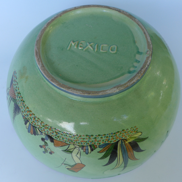 XL vintage washy green Tlaquepaque bowl 13" diam.